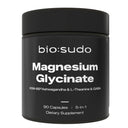 Black supplement container labeled 'bio:sudo Magnesium Glycinate' on a white background