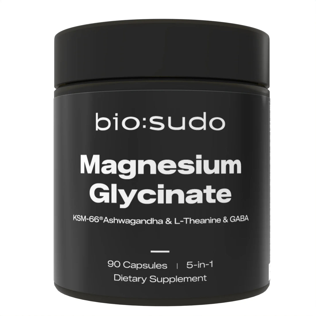 Black supplement container labeled 'bio:sudo Magnesium Glycinate' on a white background