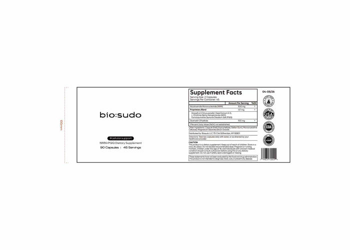 bio:sudo NMN + PQQ supplement facts label